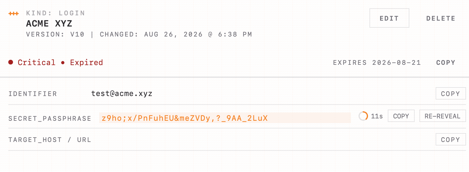 An ARCA entry graded Critical and Expired, with its passphrase re-revealed on a timer